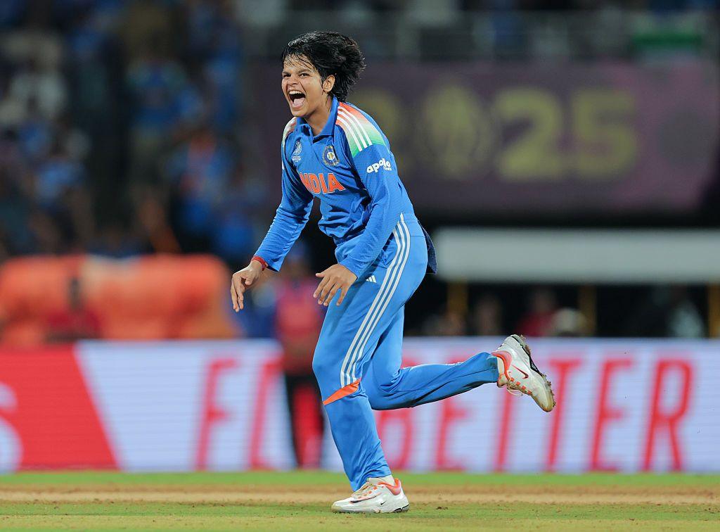 Shafali Verma of India celebrates after taking the wicket of Marizanne Kapp of South Africa (obscured) during the ICC Women's Cricket World Cup India 2025 Final match between India and South Africa at Dr. DY Patil Sports Academy on November 02, 2025 in Navi Mumbai, India. (Photo by Pankaj Nangia/Getty Images)