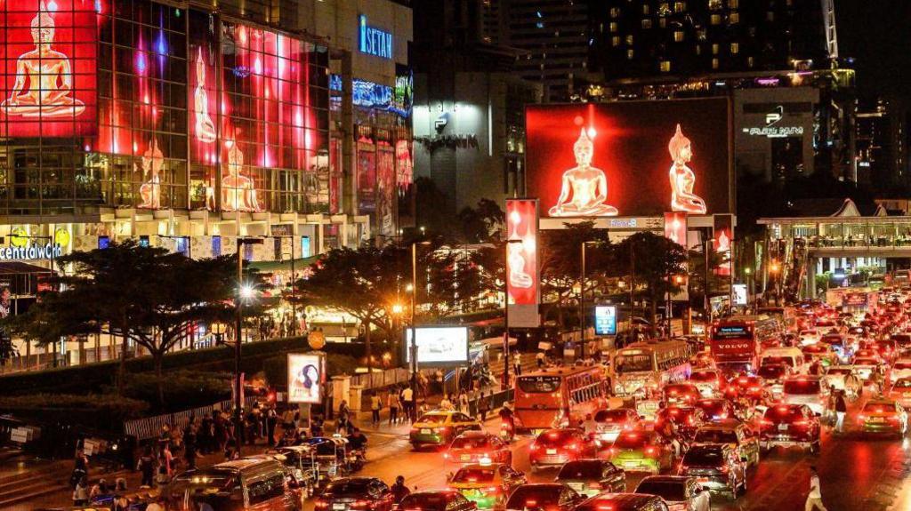 A traffic jam is pictured during rush hour in downtown Bangkok