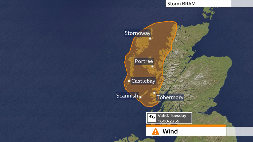 map of Scotland with an orange area shaded in north-west Scotland where there is an amber severe weather warning from the Met Office valid from 4pm to midnight on Tuesday.