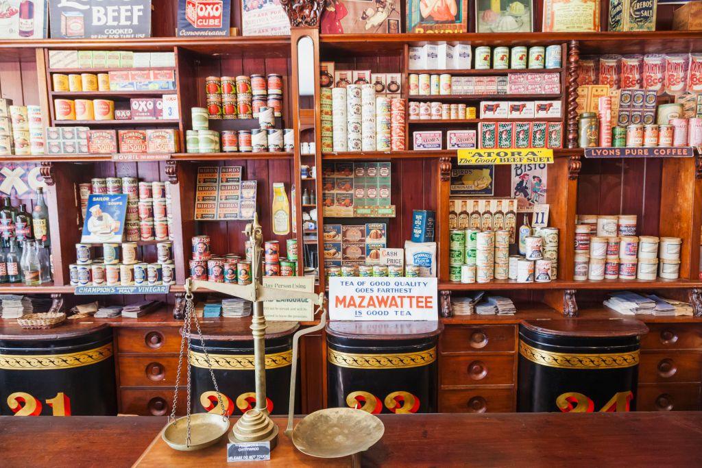 Shot of vintage food gathered in a recreation of a shop