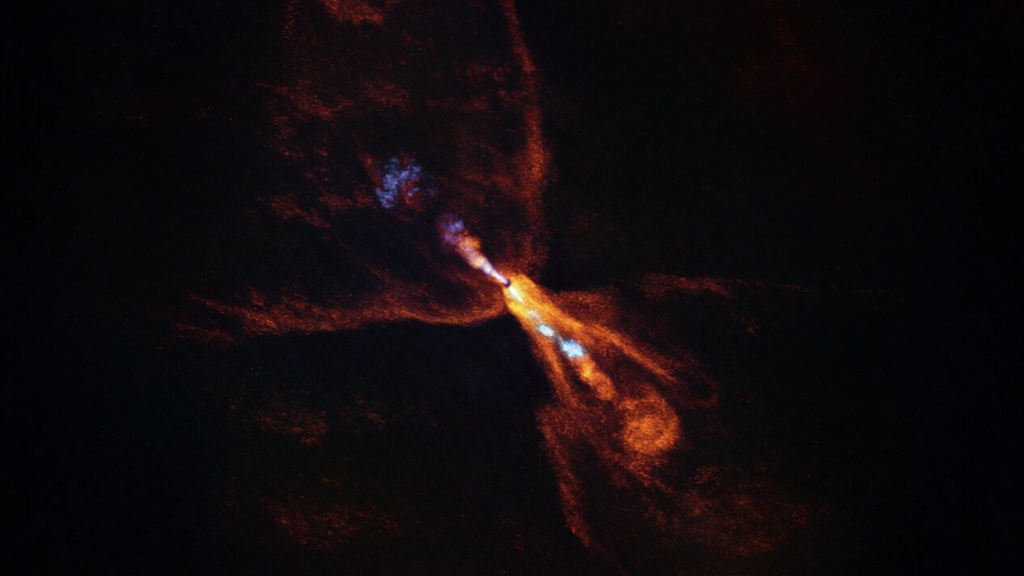 A picture of HOPS-315, the baby star where astronomers have observed evidence for the earliest stages of planet formation.