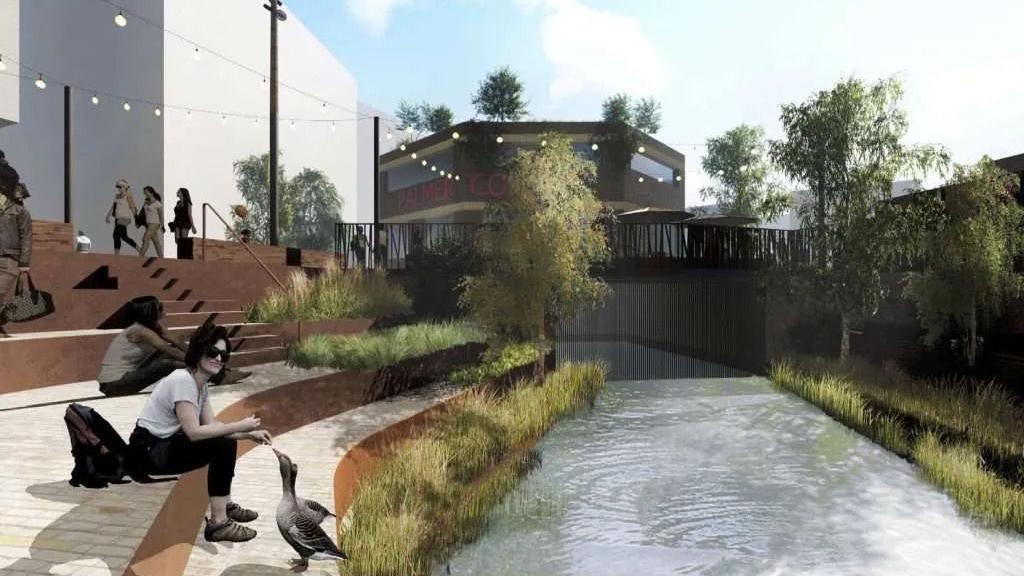 A CGI image of the river plans. The river is next to steps where people are sitting feeding ducks. In the background are buildings, a blue sky and fairy lights