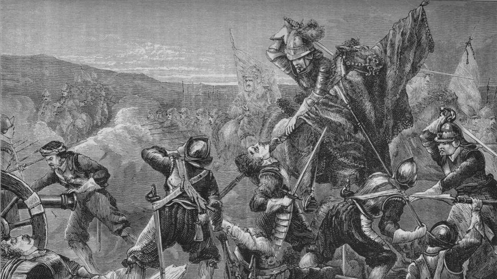 A black and white sketch depicting moments of battle. Soldiers in armour clash with swords and spears. 