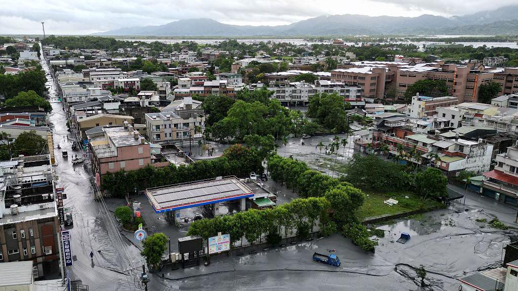 An aerial view showing the mud left in the streets as floodwaters recede in Hualien