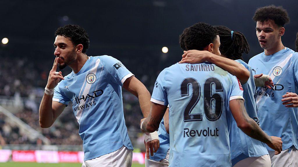 Omar Marmoush celebrates after scoring for Manchester City against Newcastle United in the FA Cup fifth-round tie at St James' Park on 7 March, 2026