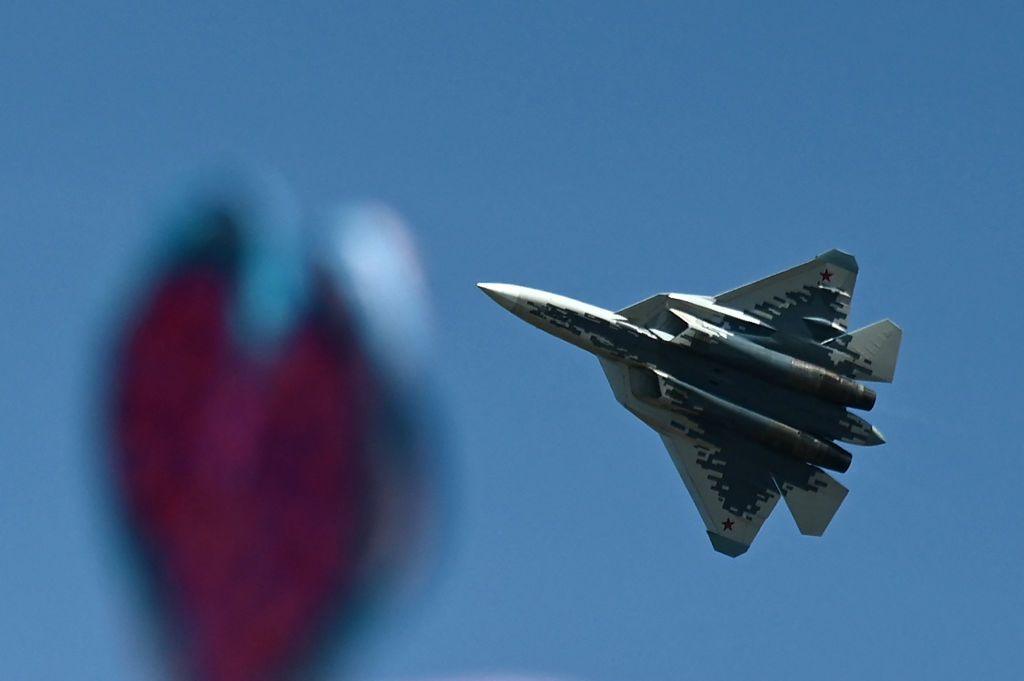 The Russian Sukhoi Su-57 fifth-generation fighter aircraft performs during Aero India 2025, a military aviation exhibition at the Yelahanka Air Force Station in Bengaluru on February 12, 2025