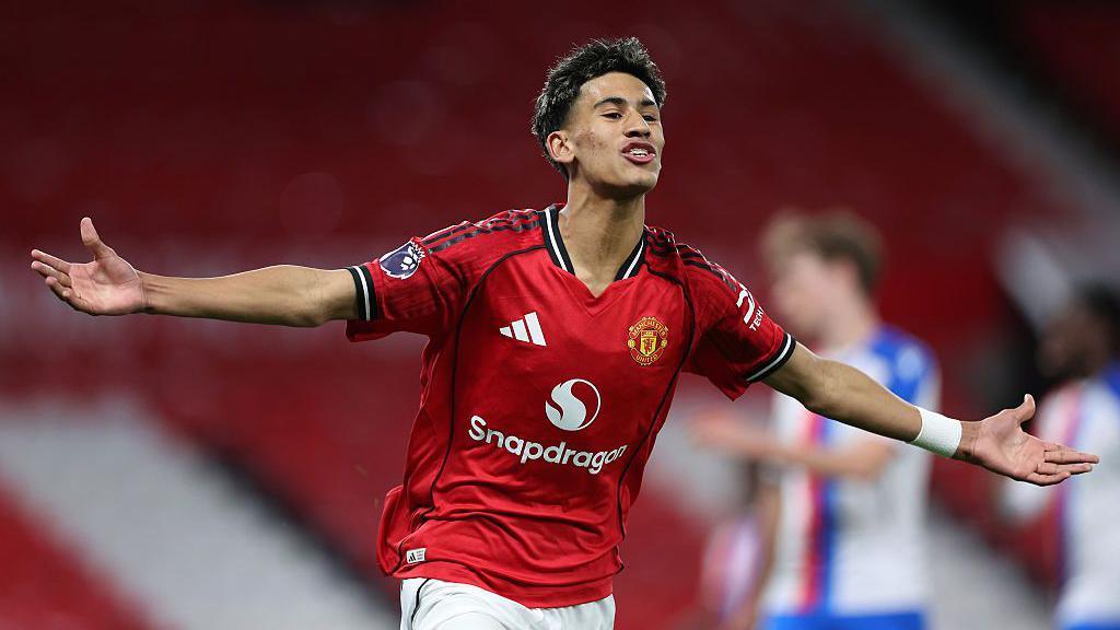 Manchester United's JJ Gabriel celebrates after scoring his side's first goal during the FA Youth Cup semi-final
