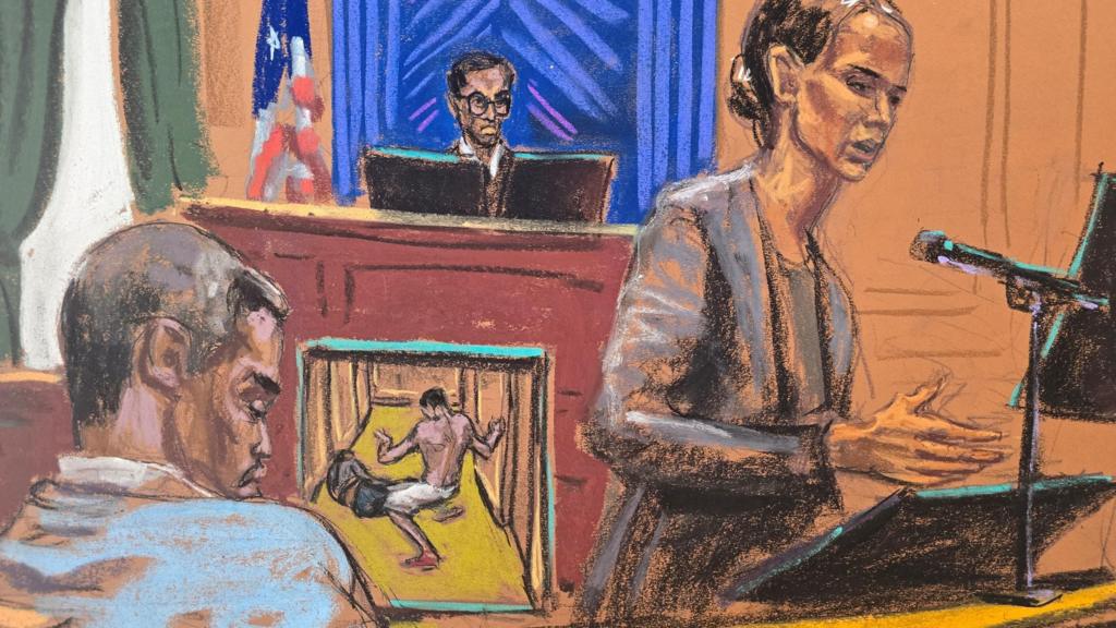 A court sketch showing Sean Combs, a judge and the prosecution. A screen shows a clip of Combs with his shirt off and Cassie Ventura on the ground