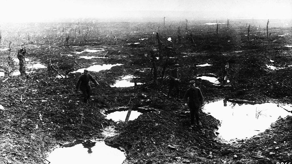 Soldiers walk around puddles created by bombing on the wetlands near Gheluvelt. The image is black and white and features tree trunks that have been bombed 