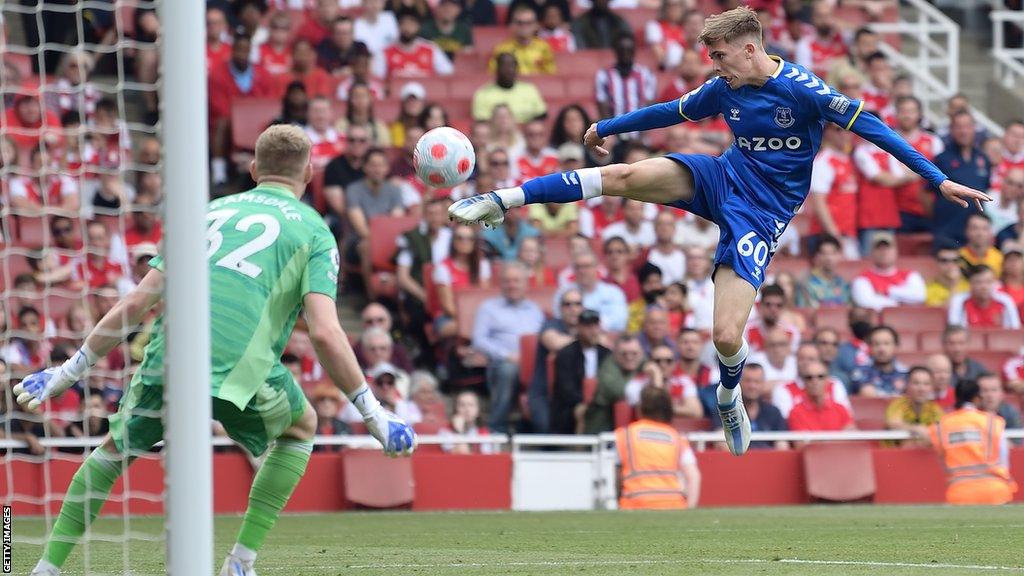 Isaac Price in action on his Premier League debut against Arsenal