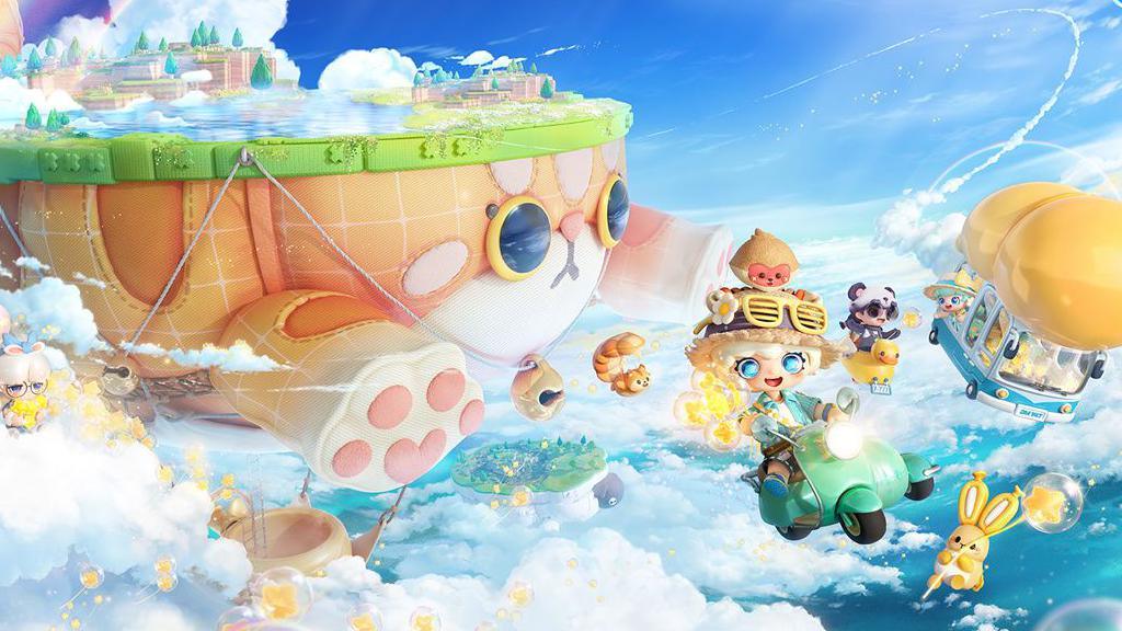 A giant floating world, on a barge balloon in the style of a cute cartoon cat, flies through the skies, with animated characters riding motorbikes and buses around it