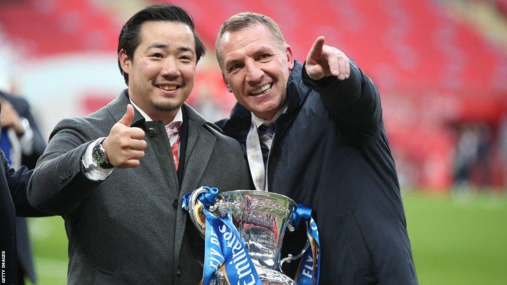 Leicester City's chairman Aiyawatt Srivaddhanaprabha and Leicester manager Brendan Rodgers