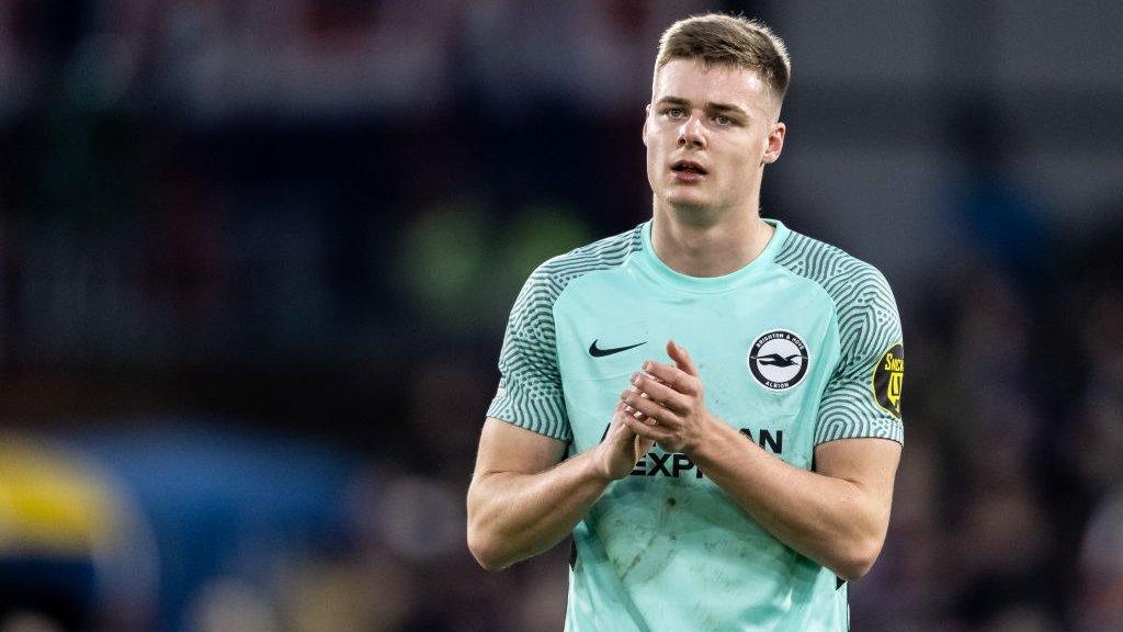 Brighton & Hove Albion's Evan Ferguson applauds his side's travelling supporters at Crystal Palace