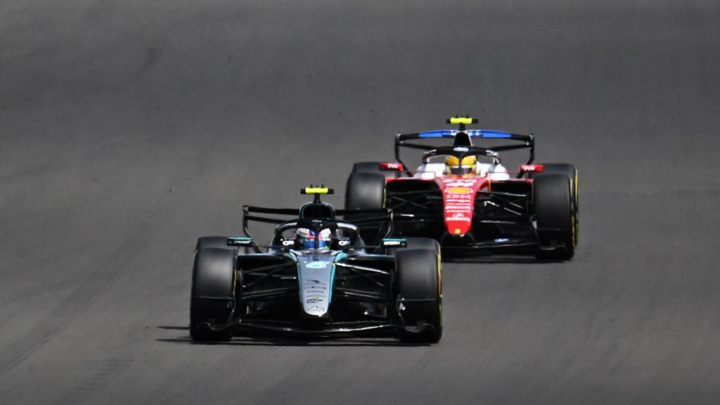 Mercedes' Kimi Antonelli ahead of Ferrari's Lewis Hamilton in the British Grand Prix sprint race