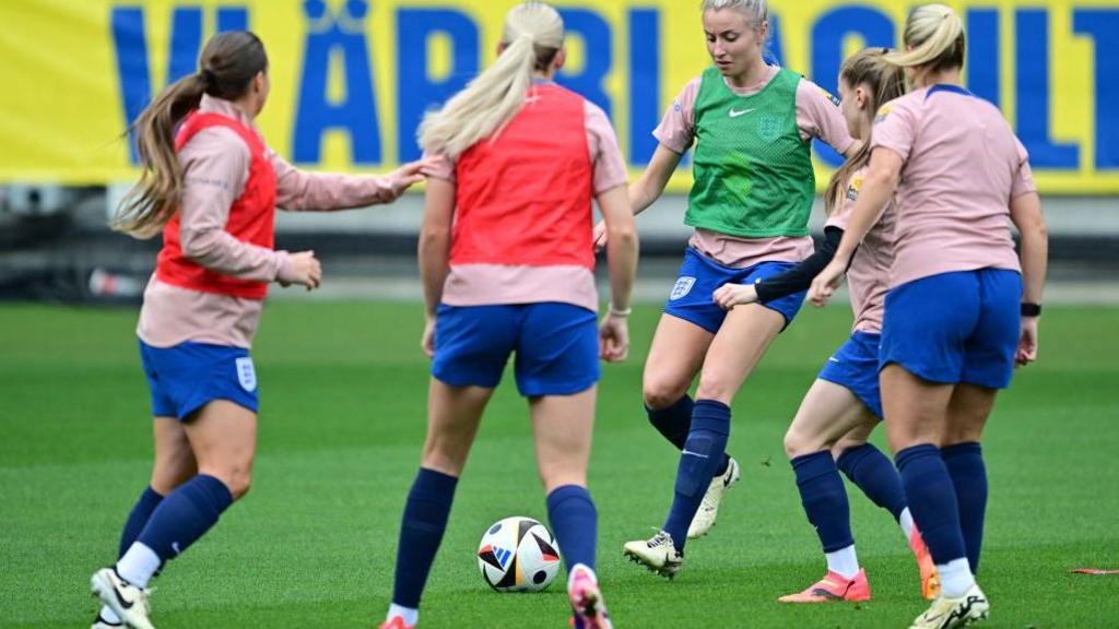 Leah Williamson attends a training session with the national soccer team at Gamla Ullevi in Gothenburg, Sweden, on July 15, 2024, on the eve of the UEFA Women's Euro qualification match between Sweden and England