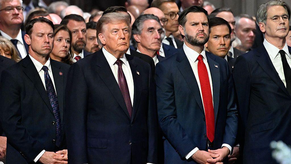President Donald Trump, Vice President JD Vance, Secretary of State Marco Rubio, and Treasury Secretary Scott Bessent stand as they attend Graham's funeral.