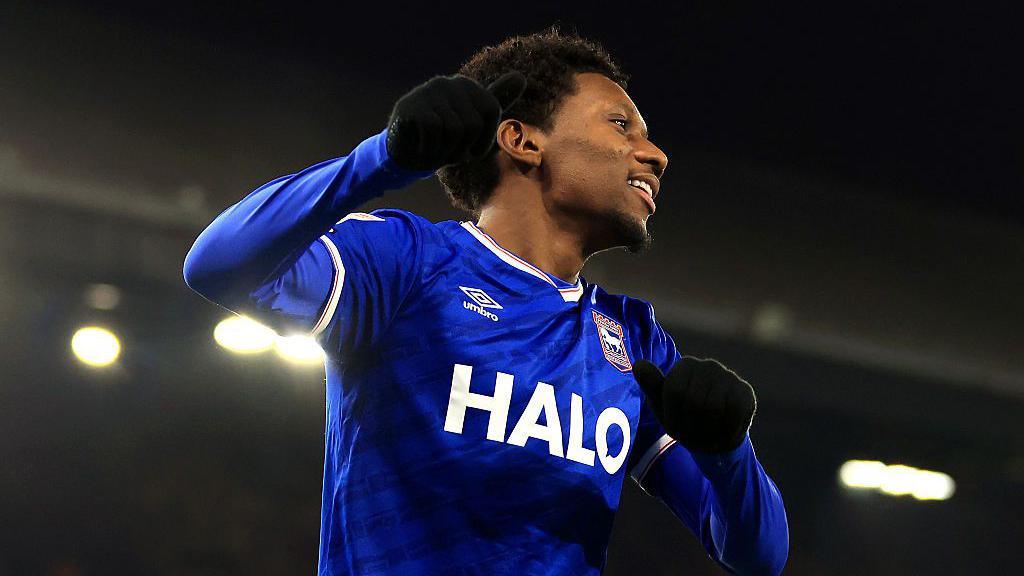 Jaden Philogene celebrating scoring for Ipswich