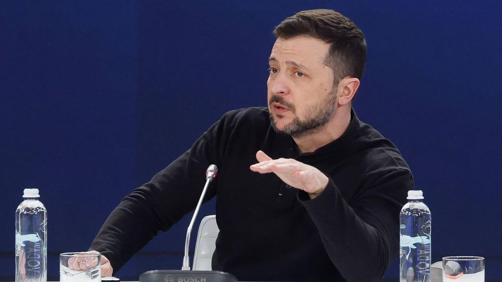 Ukrainian President Volodymyr Zelensky speaks during a summit with European leaders, marking the third anniversary of the Russian invasion, in Kyiv, Ukraine, on 24 February 2025.