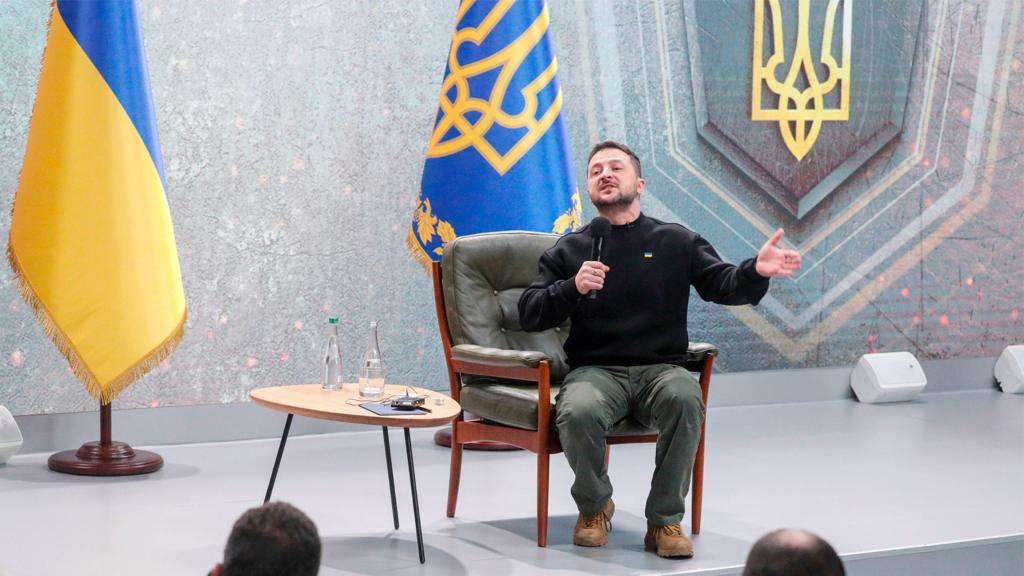 Ukrainian President Volodymyr Zelensky responds to a question during a press conference