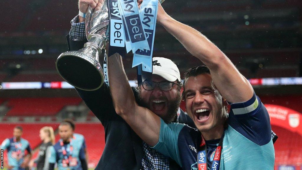 Matt Bloomfield celebrates Wycombe's win in the 2020 League One play-off final