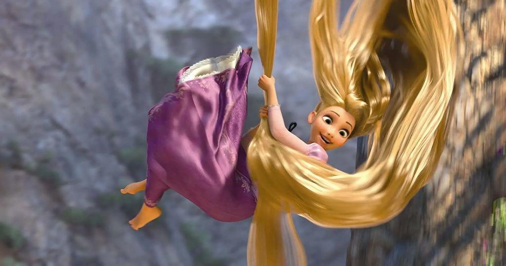 Rapunzel climbing down the tower from her hair