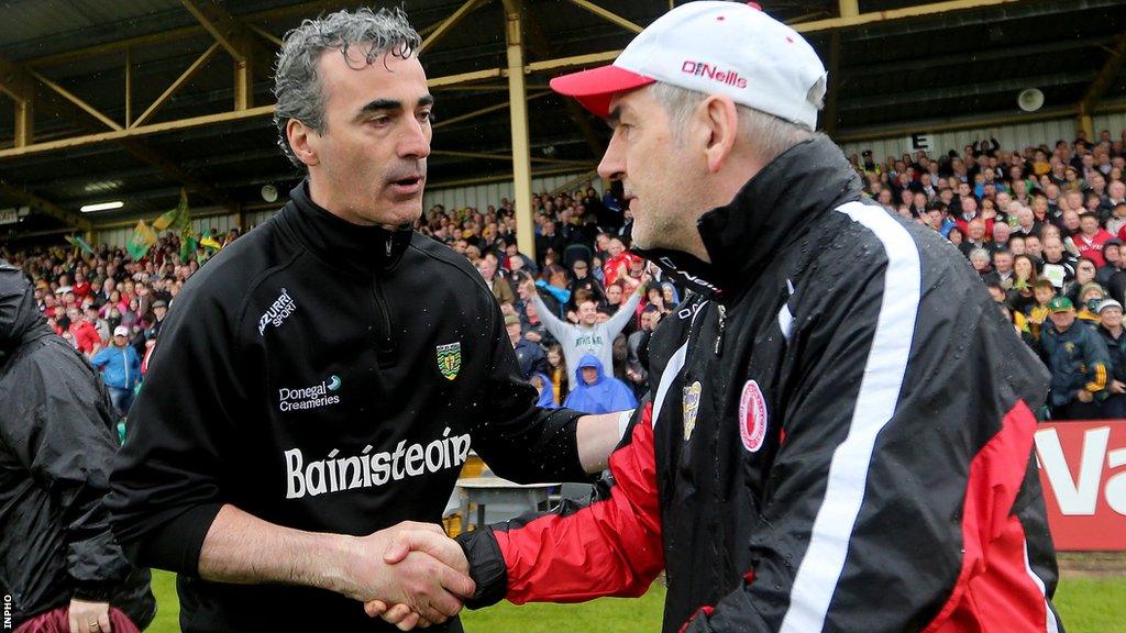 Jim McGuinness shakes hands with Mickey Harte after Donegal's Ulster SFC victory over Tyrone in 2013