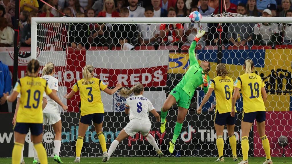Mary Earps making a save against Sweden in the Euro 2022 semi-final match.