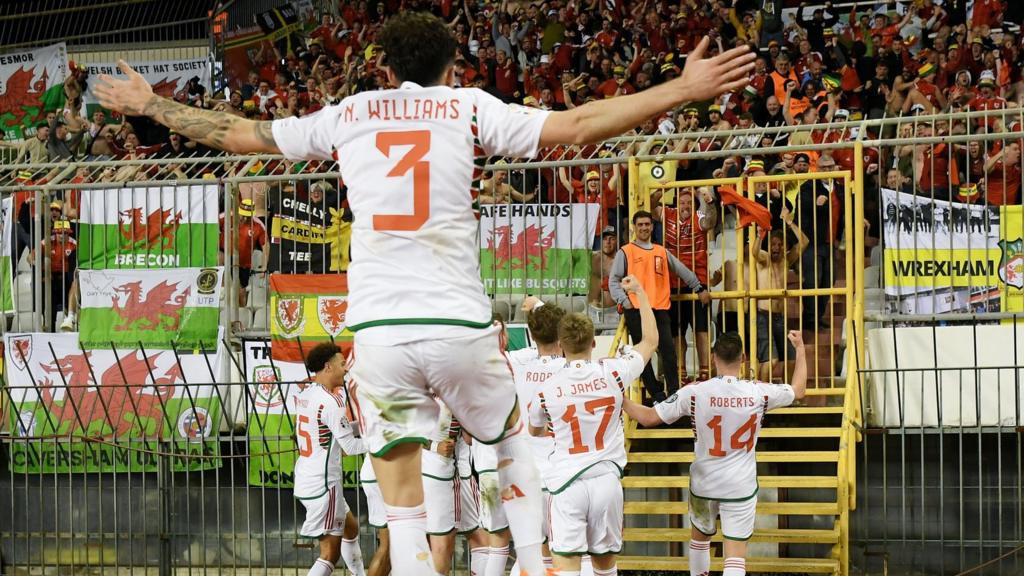 Neco Williams celebrates Wales' goal with team