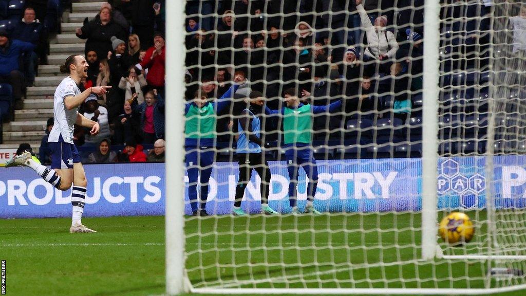 Goal celebrations for Will Keane of Preston North End during the Championship Match between Preston North End and Bristol City at Deepdale on 13 January 2024 in Preston, England