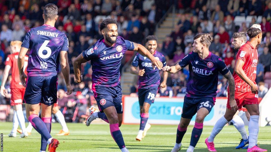 Stevenage's Jordan Roberts celebrates scoring against Cheltenham