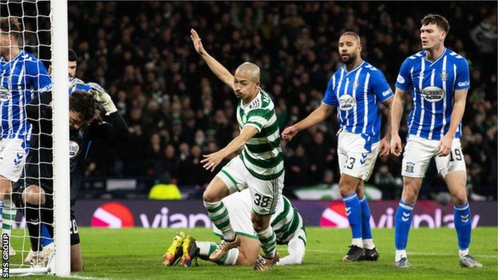 Daizen Maeda bundled in Celtic's first goal against Kilmarnock in the League Cup semi-final at Hampden