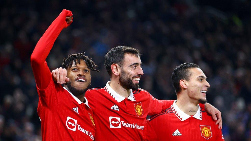 Fred, Bruno Fernandes and Antony celebrating a goal