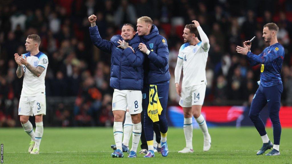 England players celebrate after sealing Euro 2024 qualification