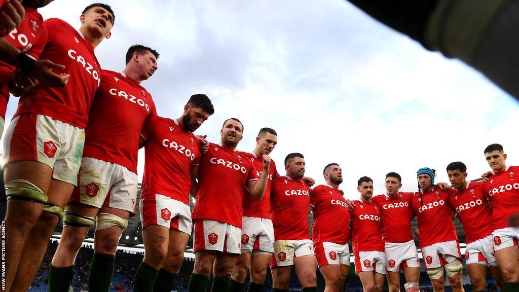 Wales players L-R Adam Beard, Owen Williams, Ken Owens, George North, Wyn Jones, Gareth Thomas, Tomos Williams, Josh Adams, Justin Tipuric, Rio Dyer and Joe Hawkins celebrate victory over Italy in Rome with captain Owens leading the way