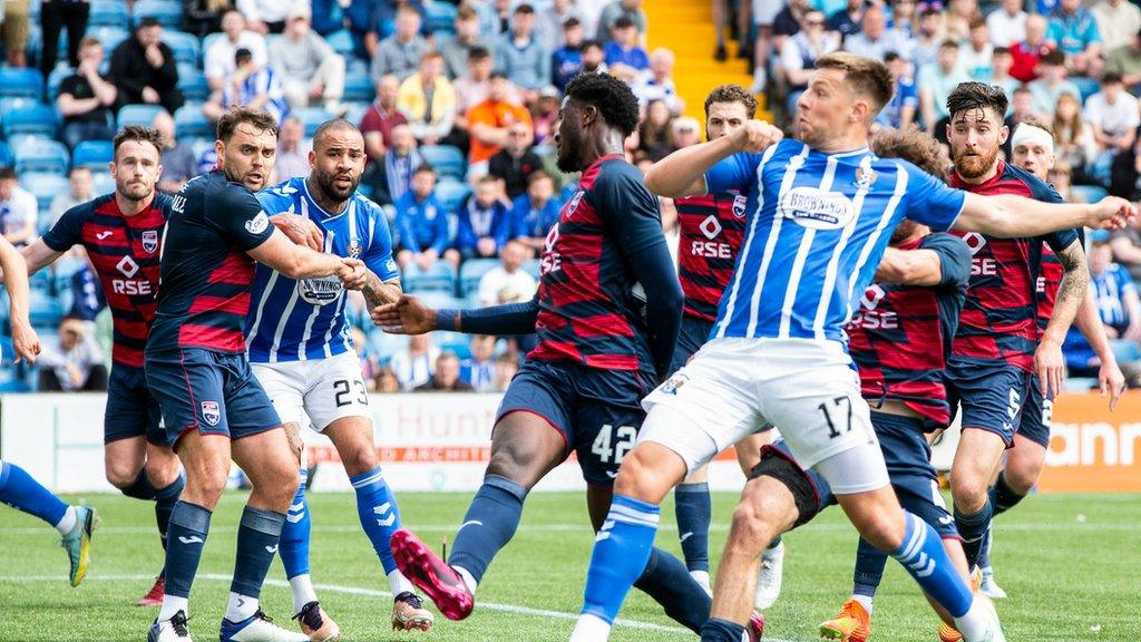 Brad Lyon's flicked in his first Kilmarnock goal for the first-half opener