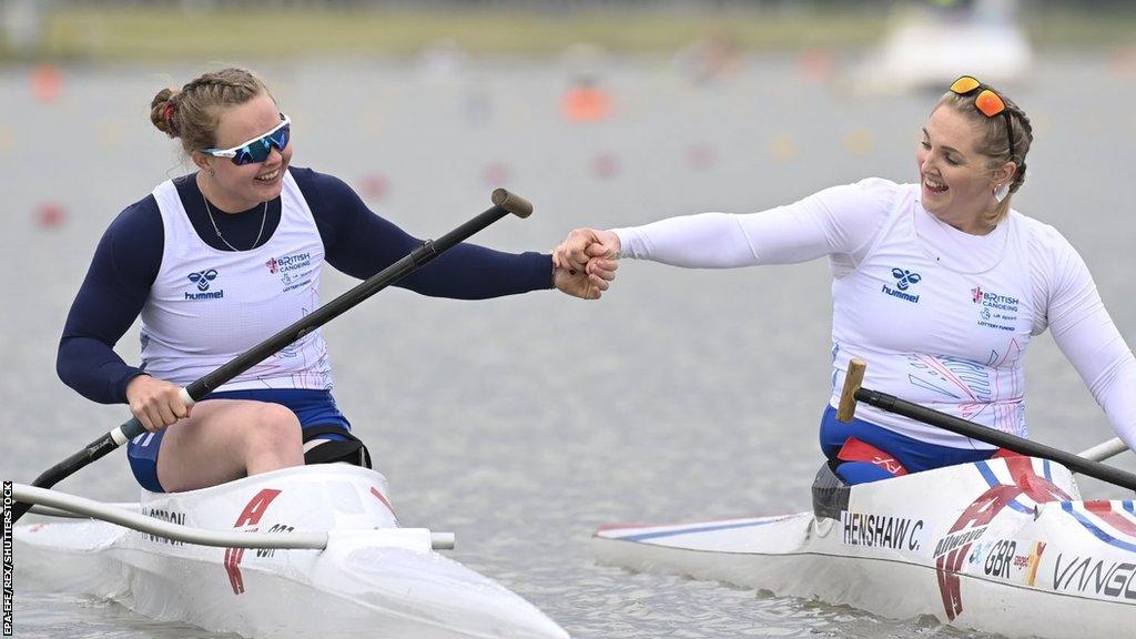 Charlotte Henshaw (right) and Hope Gordon celebrate after their British one-two in the VL3 category of the women's Para-canoe at the ICF Canoe and Kayak Sprint World Cup