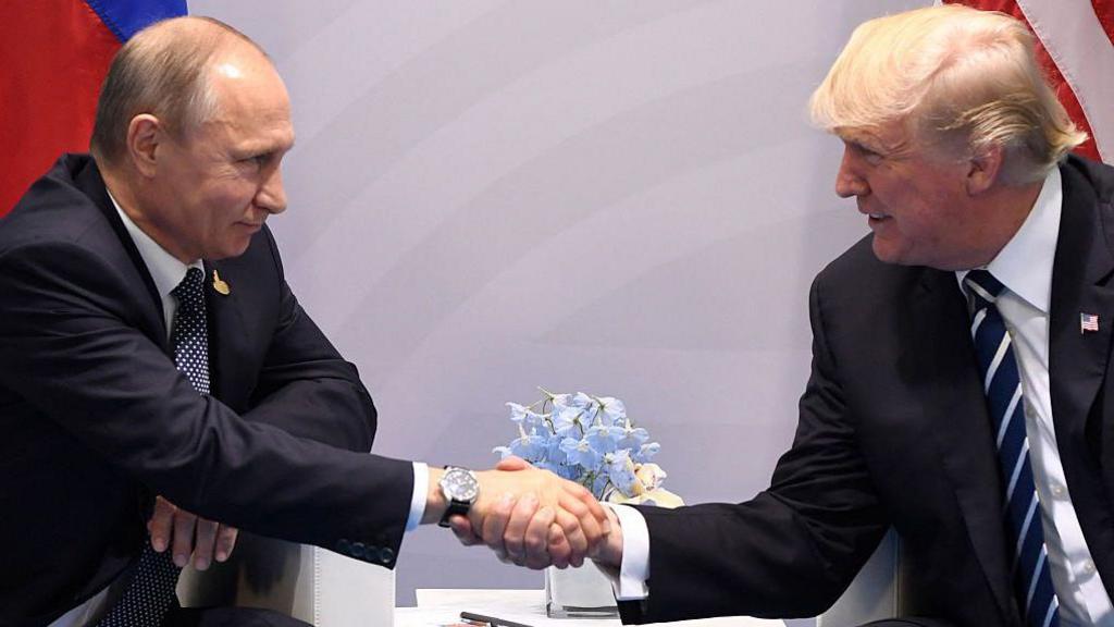 US President Donald Trump and his Russian counterpart Vladimir Putin shake hands