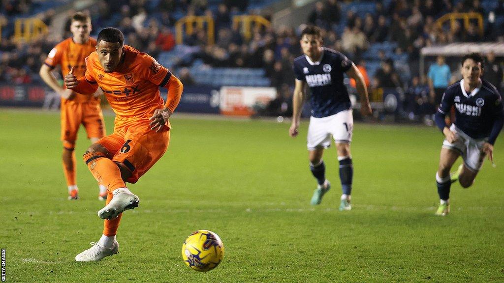 Ali Al-Hamadi scores from the penalty spot for his first goal for Ipswich against Millwall