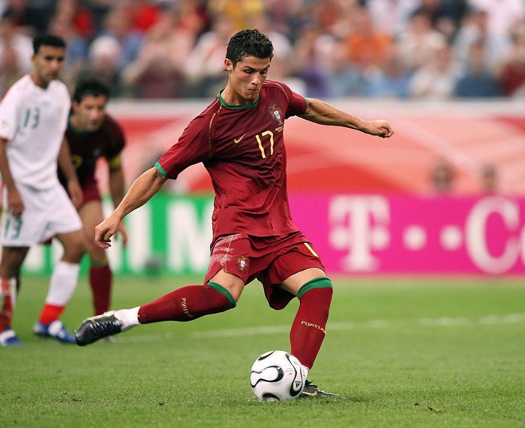 Portuguese forward Cristiano Ronaldo shots a penalty kick to score the second goal for his team during the World Cup 2006 group D football game Portugual vs.Iran 17 June 2006 at Frankfurt stadium.