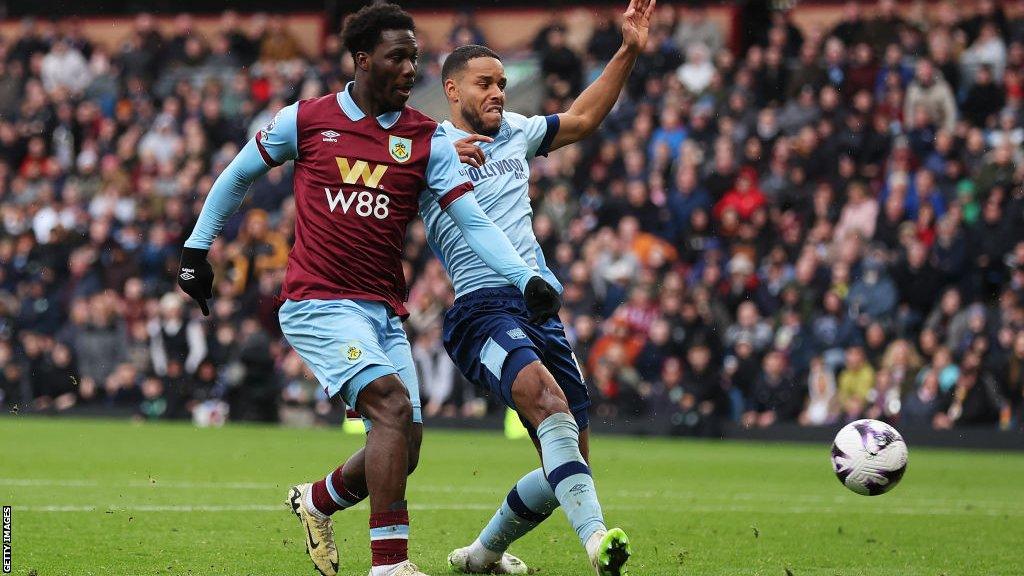 David Datro Fofana scores Burnley's second goal against Brentford at Turf Moor