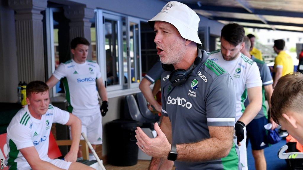 Ireland coach Mark Tumilty tries to rally his players during last November's Nations Cup tournament in South Africa