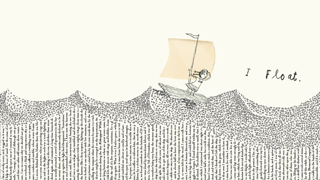 A pen and ink drawing of a girl floating across a sea made of individual letters