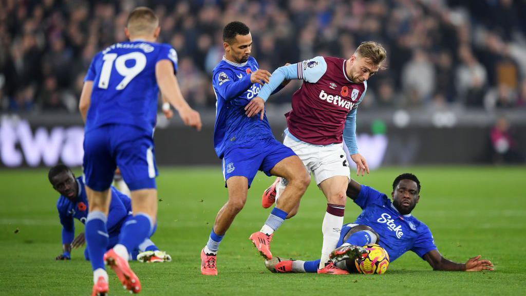 West Ham's Jarrod Bowen is dispossessed by Everton's Orel Mangala during the teams' Premier League game at London Stadium