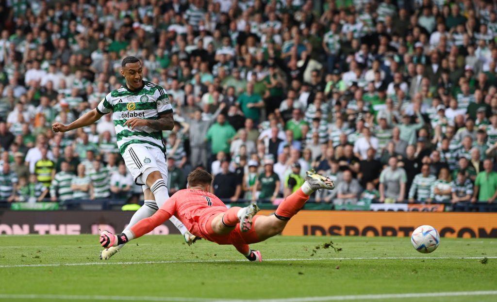 Adam Idah scoring in the Scottish Cup Final against Rangers