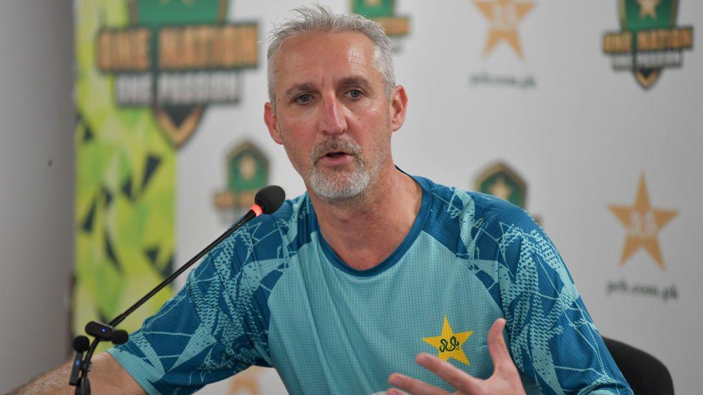 Pakistan Test head coach Jason Gillespie speaks to the media in Karachi