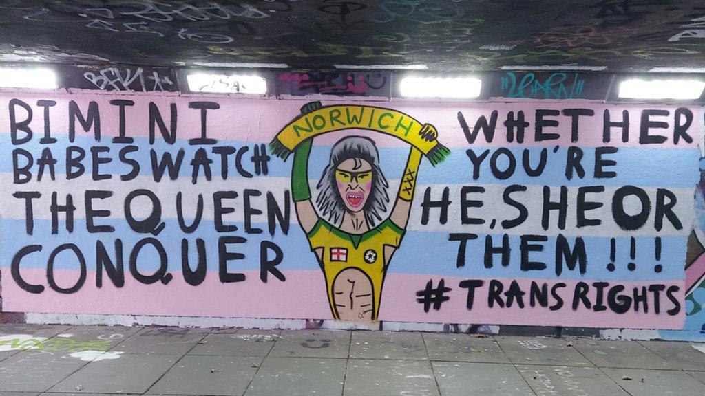 Mural of drag queen Bimini Bon Boulash reads: Bimini babes, watch the queen conquer, whether you're he, she or them, hashtag Trans Rights.