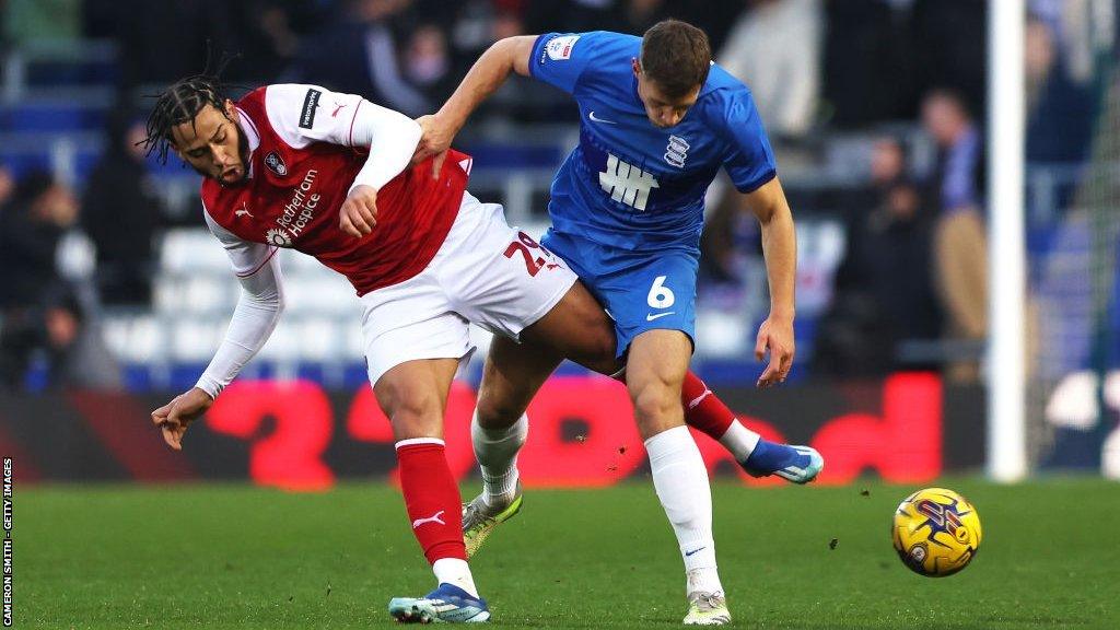 Rotherham's Sam Nombe escapes the close attentions of Birmingham City midfielder Krystian Bielik