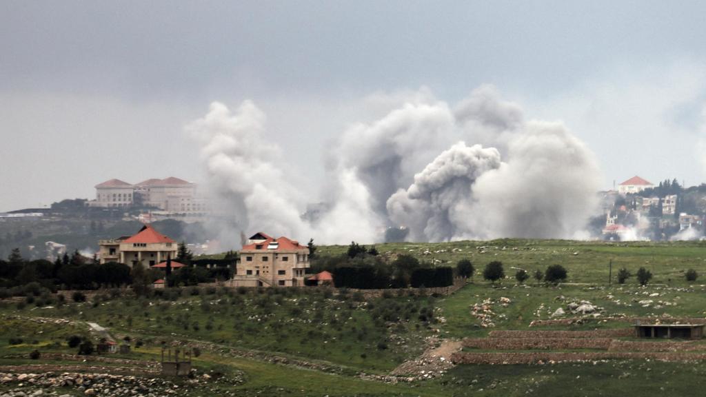 Smoke rises after an Israeli strike as seen from Marjayoun, Lebanon, 22 March 2026.