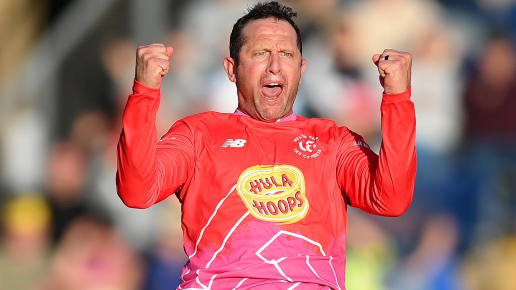 Welsh Fire bowler Roelof van der Merwe celebrates taking a wicket