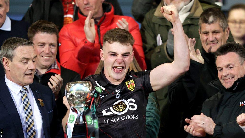 Mourne captain Ryan Magill lifts the Ulster U20 trophy after the impressive win over Derry